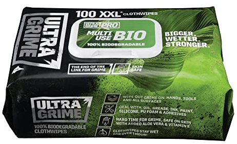 UltraGrime Pro Multi-Usages Sans Plastique | Lingettes industrielles pour éliminer les taches de graisse, d'huile, de peinture et d'encre | 100 lingettes humides XXL, 38 cm x 25 cm
