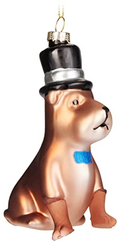 BRUBAKER Hund mit Zylinder und Fliege - Handbemalte Weihnachtskugel Terrier aus Glas - Mundgeblasener Christbaumschmuck Figuren Lustig Deko Anhänger Baumkugel - 11 cm