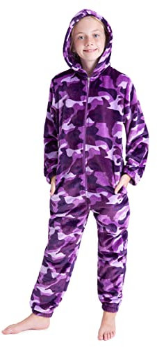 CityComfort Pigiama Intero Bambino Pigiamone di Pile con Cappuccio 7-14 Anni Pigiami Interi Bambini e Ragazzo Onesie Mimetico Gamer (11-12 Anni, Viola Mimetico)