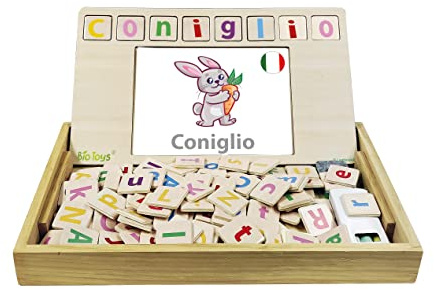 Lexibook, Bio Toys EDU100i5 Wortschule, zweisprachig Italienisch/Englisch, Holzspiel, 50 Wortkarten, Alphabet, Lernspiel