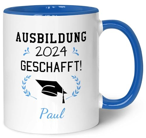 Bedruckte Tasse mit Spruch - Examen geschafft - Geschenk zum Abschluss oder Sieg - Geschenk für Studenten Schüler Sportler Freunde zum Erfolg - für Sie & Ihn - Blau