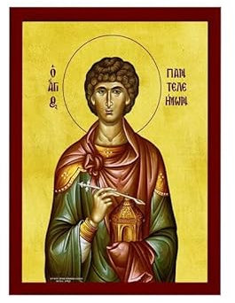 Heilige Panteleimon-Ikone, griechische, handgefertigte orthodoxe Ikone des Heiligen Pantaleons, byzantinische Kunst, Wandbehang von San Pantaleone, religiöses Geschenkdekor, 7 x 10 cm