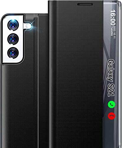 Handyhülle für Samsung Galaxy S21 5G Hülle Klappbar, Luxus Dünn Spiegel Flip Leder Hard PC Stoßfest Case Cover für Samsung Galaxy S21 5g Hülle mit Ständer Klappbar, Clear View für Samsung S21 5G Hülle