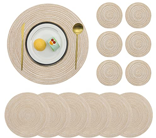 Pauwer Platzsets und Untersetzer 6er Set, Runde Baumwolle Hitzebeständig Platzdeckchen Waschbare rutschfest Tischmatte mit Untersetzer für Esszimmer, Küche, Hochzeit, Party