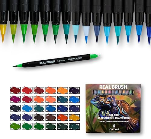 Girben Real Brush Pen Set zum Zeichnen und Lettering - 30 Aquarellstifte mit doppelter Spitze (1 weich und 1 fein und hart 0,5 mm) und 1 Wasserstift für Aquarelle