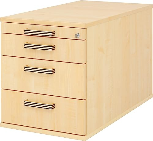 bümö Rollcontainer mit Schubladen, Container abschließbar aus Holz in Ahorn - Rollwagen für's Büro als Schreibtisch Unterschrank, Bürocontainer od. Schreibtischcontainer mit Streifengriffe