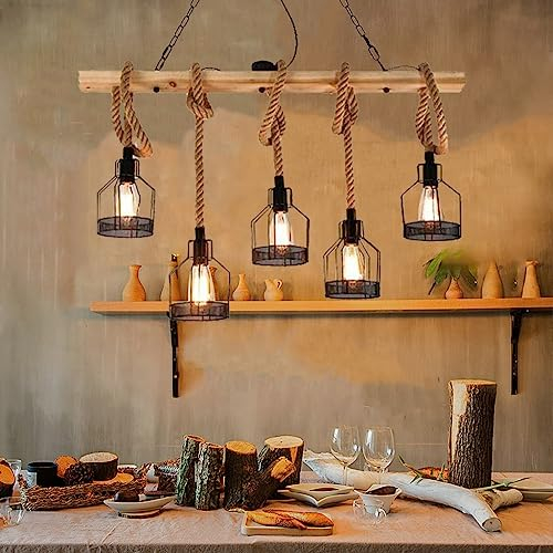Suspension Luminaire Vintage E27 lustre table pour salle à manger bois Lampe suspendue réglable en hauteur Corde en chanvre Eclairage réglable industrielle rétro en fer Salon Cuisine Bar Plafonnier