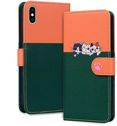 Tiyoo Lovely & Cute Flip Wallet Phone Case for iphone 11Pro Max with Cartoon Cat&Dog Pattern,Premium Magnetic PU+TPU Leather for high protection Phone Cover for iphone 11 Pro Max(Dark Green&Orange)