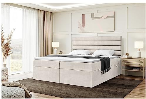 MEBLINI Boxspringbett mit Bettkasten - Gepolstert Doppelbett mit Matratze und Topper - Polsterbett mit Stauraum - Bett mit Kopfteil - Stauraumbett - Karim - 180x220 - H3/Beige Samt