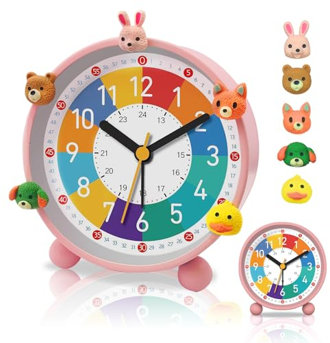 PIXESTT Wecker Kinder, Kinderwecker für Schulanfänge, Kein Tickendes Geräusch, Mit Nachtlicht und Schlummerfunktion, Mit 5 Wecker-Dekoration, Geeignet für Das Lernen, Schlaf-Weck-Aufwachen