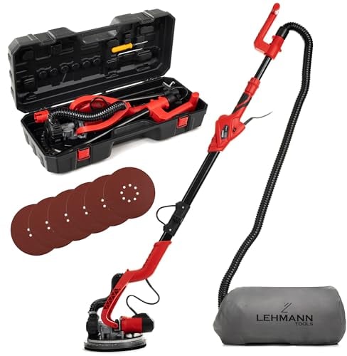 Lehmann LTOWG-7122 - Smerigliatrice per cartongesso con LED e manico telescopico, smerigliatrice con sistema di aspirazione, 1800 Watt, piatto con velcro Ø 225 mm, con 6 dischi abrasivi e valigetta