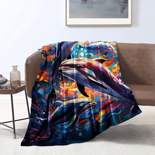 CHTLIFQ Bunte Delfine, 3D Druck, Flanelldecke, Flanell Überwurf, Decke, Klimaanlage, Decke, alle Jahreszeiten, für Kinder und Erwachsene, Kinderbett, 150 x 200 cm, Flanell