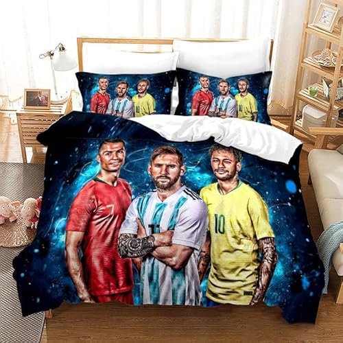 WolWes Bettbezug 155x220 Fußballstar Bettbezug Set 3 Teilig 2 Bettbezug 155x220cm + 2 Kopfkissenbezug 80x80cm, Microfaser Bettbezüge mit Reißverschluss（C6）