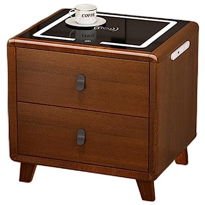 Modern Wooden End Side Table With Charging Station And LED Light, USB Port Smart Side Cabinet Nightstand For Bedroom - Furniture with Charger