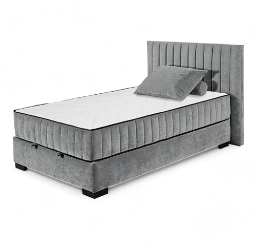 Stella Trading NAGOL C Boxbett 120x200, Anthrazit - Bequemes Bett mit Bettkasten und Premium 9-Zonen-Federkern Wendematratze - 145 x 114 x 214 cm (B/H/T)