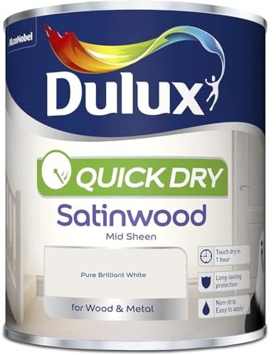 AMK® Dulux Quick Dry Satinwood Wood & Metal Paint 1.25L Pure Brilliant White No Sag Interior Decoration
