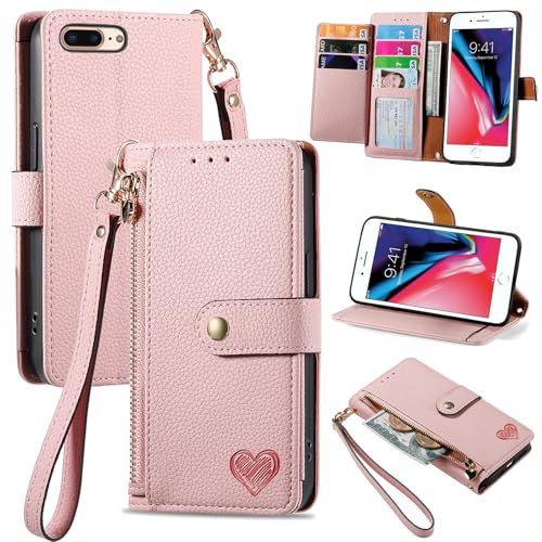VEEMOS Zipper Wallet Case for Apple iPhone 7 Plus/iPhone 8 Plus Phone Case with Purse Card Holders RFID Blocking Leather Flip Case Book Cover Wrist Strap Women - Pink