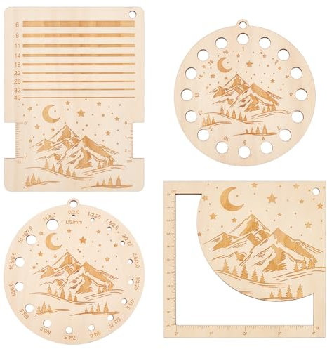 BENECREAT 4Pcs Wood Knitting Gauge Ruler with Stars Over Mountains Pattern, Knitting Needle Gauge Measuring Tool, Embroidery Floss Organizer Card, Multifunctional Ruler for Crochet DIY Sewing