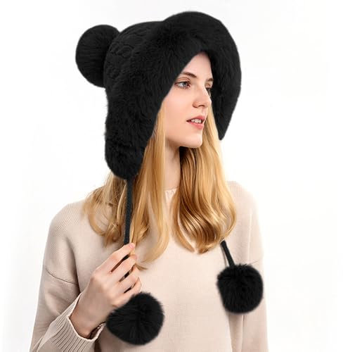 NAROSEBE Damen Strickmütze Winter Plüschmütze Warme Wintermütze mit Plüsch Dicke Plüsch Kopfbedeckung Plüsch Ohrenklappe Mütze Winter Fellmütze Pelzmütze für Reisen, Skifahren, Wandern, Schwarz
