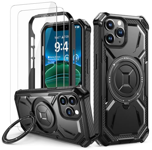 Lanhiem Cover per iPhone 11 Pro Max con 2 Pezzi Vetro Temperato, Antiurto Anticaduta Militare, Supporto Magnetico Anello a 360° Protezione Armor Protezione, Custodia per iPhone 11 Pro Max 6.5, Nero