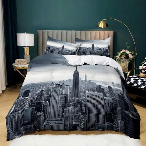 Graue Stadt Bettwäsche 155x220 Skyline von New York City Bettwäsche Set 3D Bedruckte Bettbezug Einfache Pflege 3-Teiliges Mikrofaser mit Reißverschluss 1 Bettbezug und 2 Kissenbezug