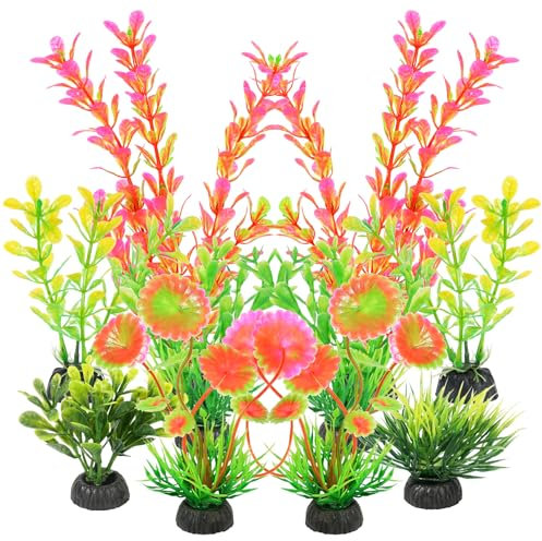 AQUANEAT Fish Tank Artificial Plants, Aquarium Plants Plastic, Pink Fish Tank Decorations, 10pcs