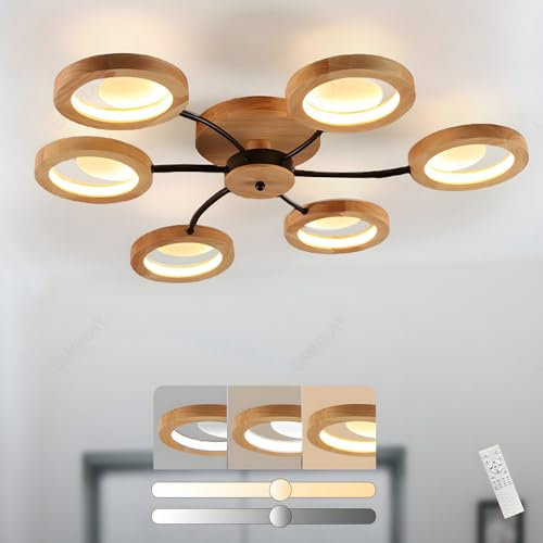 LAMPLAY Moderne LED-Deckenleuchte, Ø94cm Kronleuchter Dimmbar Mit Fernbedienung 3000K-6000K, Schwarzer Arm + 6 Holzringe, Metallkreis-Lampenschirm, Wohnzimmer Schlafzimmer Esszimmer Arbeitszimmer Büro