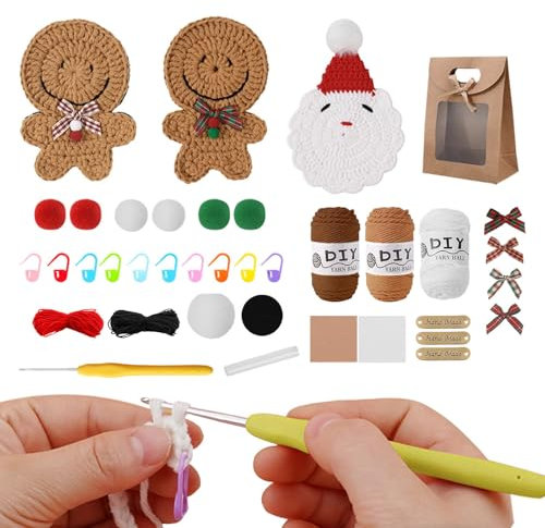Häkelpaket für Anfänger, Häkelpaket für Erwachsene - Untersetzer-Strickset für Erwachsene und Junioren,Weihnachtsmann-Strickset, Garnset, Lebkuchenmann-Strickset, enthält 3 Untersetzer mit Video-Anlei
