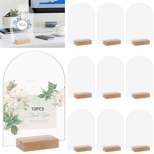 YAYODS 10 Stück Acrylplatte Transparent Bogen Tischnummern Hochzeit - 12.5x17.5CM Wiederverwendbar Tischkarten Hochzeit Acryl Platte mit Holzsockel - Acrylglas Platte 2mm, Acryl Clear Arch Tischkarte