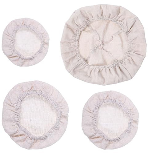 4Pcs Sourdough Jar Cover, Reusable Bread Proofing Basket Cloth Elastic Linen Cotton Bowl Covers Food Cover for Mason Jars Kombucha Jar Bowls (4 Sizes)