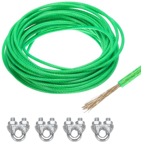 QUARKZMAN 5mm (3/16) Cavo Acciaio Rivestito Verde, 15m/49ft Cavo Acciaio Zincato con 4Pz Maniche a Anello M6 Morsetti Stendibiancheria per Appendere Luci Corda, Ringhiere Ponti