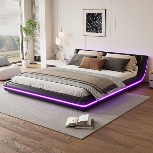 WIZBED Doppelbett 160x200 cm mit Lattenrost, Polsterbett Kunstleder - Bogendesign Bett Jugendbett Bodenbett Bettgestell, Luxus Led Bett,ohne Matratze, Schwarz
