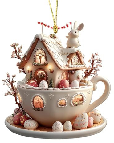 Coffee Cup House Easter Egg Tree Decor - 2D Acrylic Flat Ornament Cute Decorative Hangable Decor for Tree Decorations