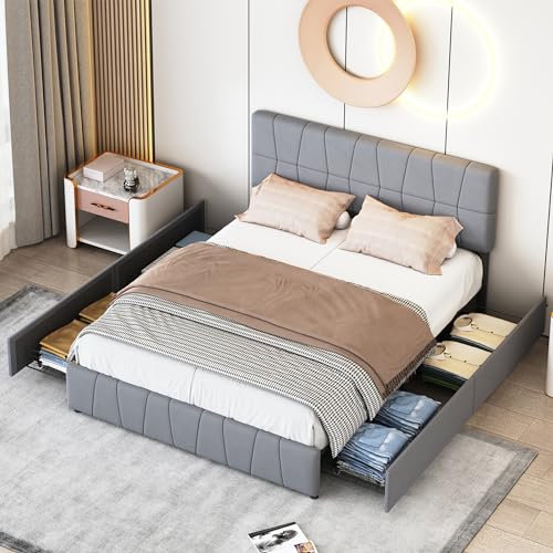 PerGar Bett mit Stauraum 4 Schubladen, Doppelbett Bettrahmen, Polsterbett mit Lattenrost und Metallrahmen, Höhenverstellbares Kopfteil, Modernes Bettgestell, Jugendbett, Samt, Grau (180x200cm)