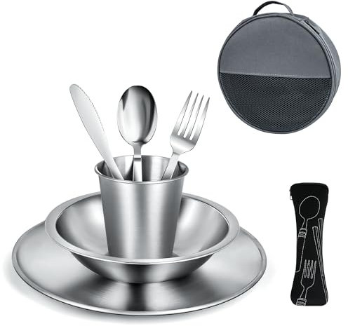 Lot de 8 couverts de camping pour 1 personne - Ensemble de vaisselle de camping avec couverts en acier inoxydable - Assiette, bol et verres - Avec sac à couverts - Ensemble de vaisselle portable pour