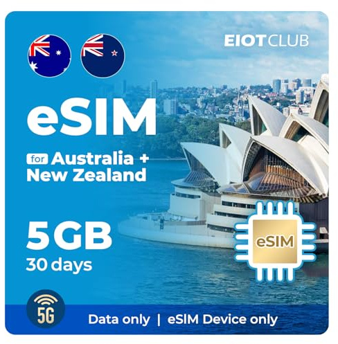 EIOTCLUB Prepaid eSIM 5GB 30 Tage | Unterstützt Australien und Neuseeland | 5G High-Speed-Daten | Nur Daten | Hotspot-Sharing unterstützt | Wiederaufladbar