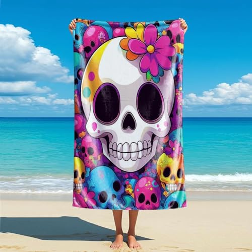 LSHBGV Bedrucktes Strandtuch mit süßem Totenkopf-Motiv, Mikrofaser, mexikanischer Totenkopf-Badetuch, Tag der Toten, modisches Strandtuch (Stil 3,160 cm x 80 cm)
