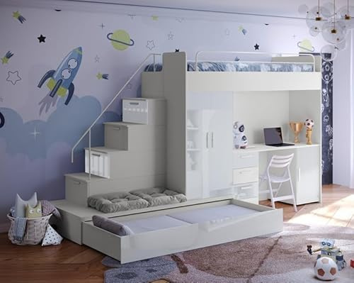 Generisch Hochbett mit Schreibtisch TOMI 5, Schrank, Treppe und Gästebett in Hochglanz (Cashmere + Weiß, Glanz, Mit Matraze und Matrazenrahmen)