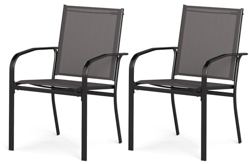 KOMFOTTEU 2er Set Gartenstühlen stapelbar, Terrassenstühle aus Textilene mit Metallrahmen, Esszimmerstuhl mit hoher Rückenlehne und Armlehnen, Belastung 150 kg, Stapelstühle 58 x 61 x 89 cm, Grau (2)