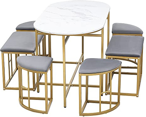 Modern Oval Dining Table and Chair Set for 6, White MDF Tabletop with Cushioned Seats,Space-Saving Dining Group,Iron Frame Structure,Stable Dining Bench and Stools for Kitchen (White+Gold+Grey)