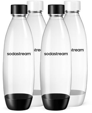 Sodastream Slim Fuse 4-Pack Carbonated Drinks Bottles, 2 x 1L Black & 2 x 1L White, BPA-Free, Dishwasher Safe, Spare Water Bottles Compatible with TERRA, ART, DUO & ensō Sparkling Water Makers