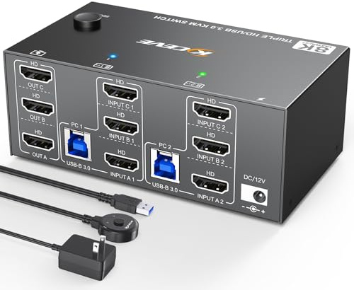 KCEVE KVM Switch 3 Monitors 2 Computers HDMI 8K@60Hz, USB 3.0 KVM Switch Triple Monitor 4K@144Hz for 2 Computers Share 4 USB 3.0 Devices Mouse Keyboard, with Wired Remote, Power Adapter