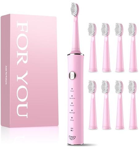 JTF Sonic Electric Toothbrush with 8 Brush Heads for Adults and Kids, 2 Hours Fast Charge for 45 Days, 5 Modes, 2-Min Timer, IPX7 Waterproof Deep Clean Rechargeable Toothbrushes for Home Travel(Pink)
