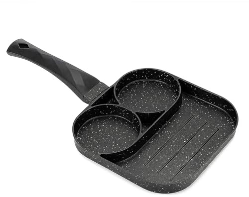 4-Hole Egg Frying Pan Multi Nonstick Pancake Maker with Wooden Handle, Induction Hob Compatible Poached Egg Pan & Breakfast Cookware (Black, 3 Hole)