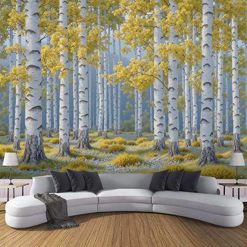 Fototapete 350x250cm Mooswald Seide Wandtapete Birkenwald Fototapeten XXL Moderne Wanddekoration UV-Beständig für Wohnzimmer Schlafzimmer, Gelb