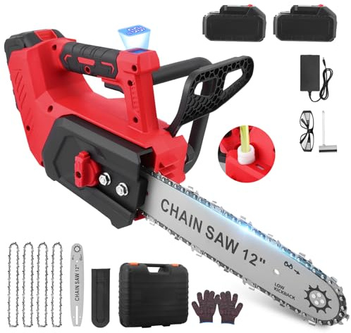 12 Zoll Akku Kettensäge mit 2x4000mAh, 1200-W-Bürstenlosmotor aus reinem Kupfer, Kettengeschwindigkeit 47,5 ft/s, 3 gehärtete Stahlketten, Sicherheitsverriegelung und Schutzvorrichtung