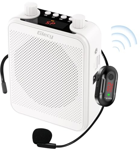 Giecy Amplificateur de Voix sans Fil Micro UHF, Blanc | Batterie 2800 mAh, Bluetooth, TF/USB, FM et enregistrement; utilisation mains libres pour cours, visites et événements