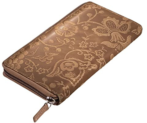 STILORD Aurelia Leder Geldbörse Damen Vintage mit Blumen Muster großes Portemonnaie mit vielen Fächern für EC-Karten Kleingeld braune Brieftasche im Querformat Farbe:Natur - braun