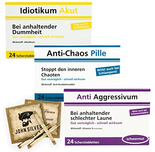 Scherztabletten im 3er Set, Tabletten als Geburtstagsgeschenk. Idiotikum Akut, Anti Chaos, Anti Aggressivum. Spaß, gute Laune, Mann und Frau. Erfurth Fun® Schoko Drops