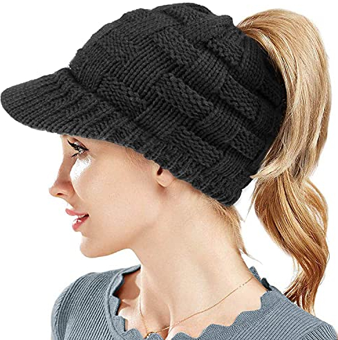 Winter Strickmütze Schirmmütze Wintermütze Beanie Mütze Hüte Mützen Caps für Damen Gestrickte Baseballmütze Pferdeschwanz Mütze mit Zöpfen Loch (Schwarz)